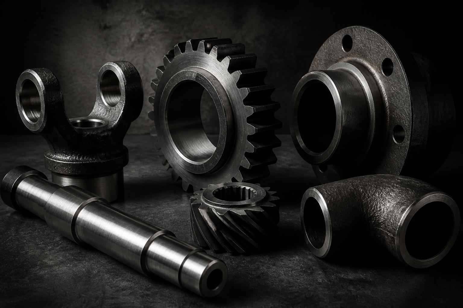 Precision forged steel components including yoke, gear blank, pinion, hydraulic flange, machined shaft and pipe fitting